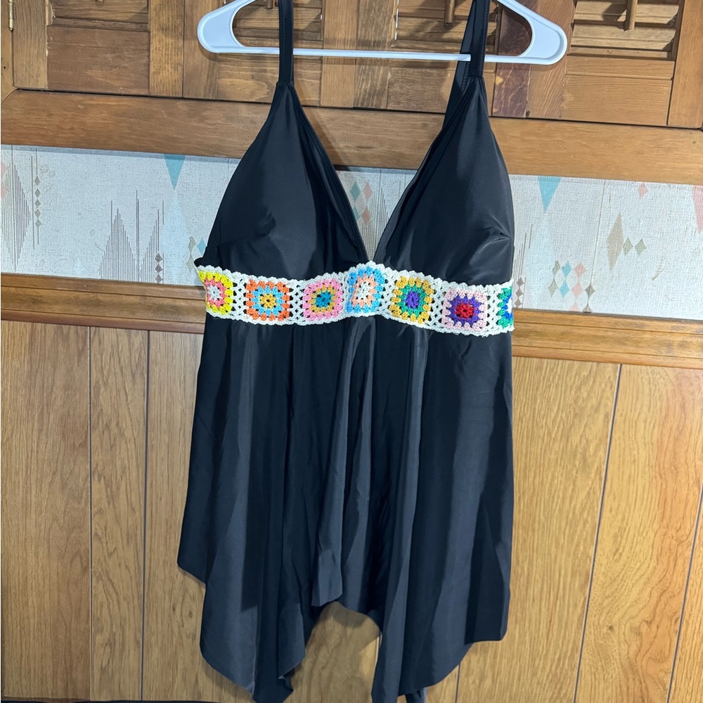 Black Halter Bathing Suit ‎ with Colorful Crochet Detail